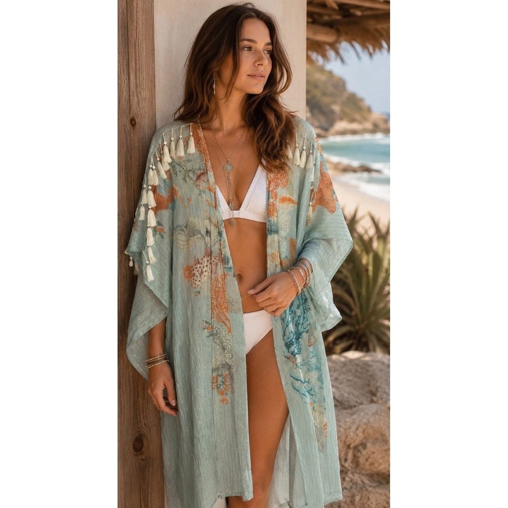 Aratta Kimono Wrap Womens One Size Blue Coral Sea Life Lurex Tassel ED18A69-C
